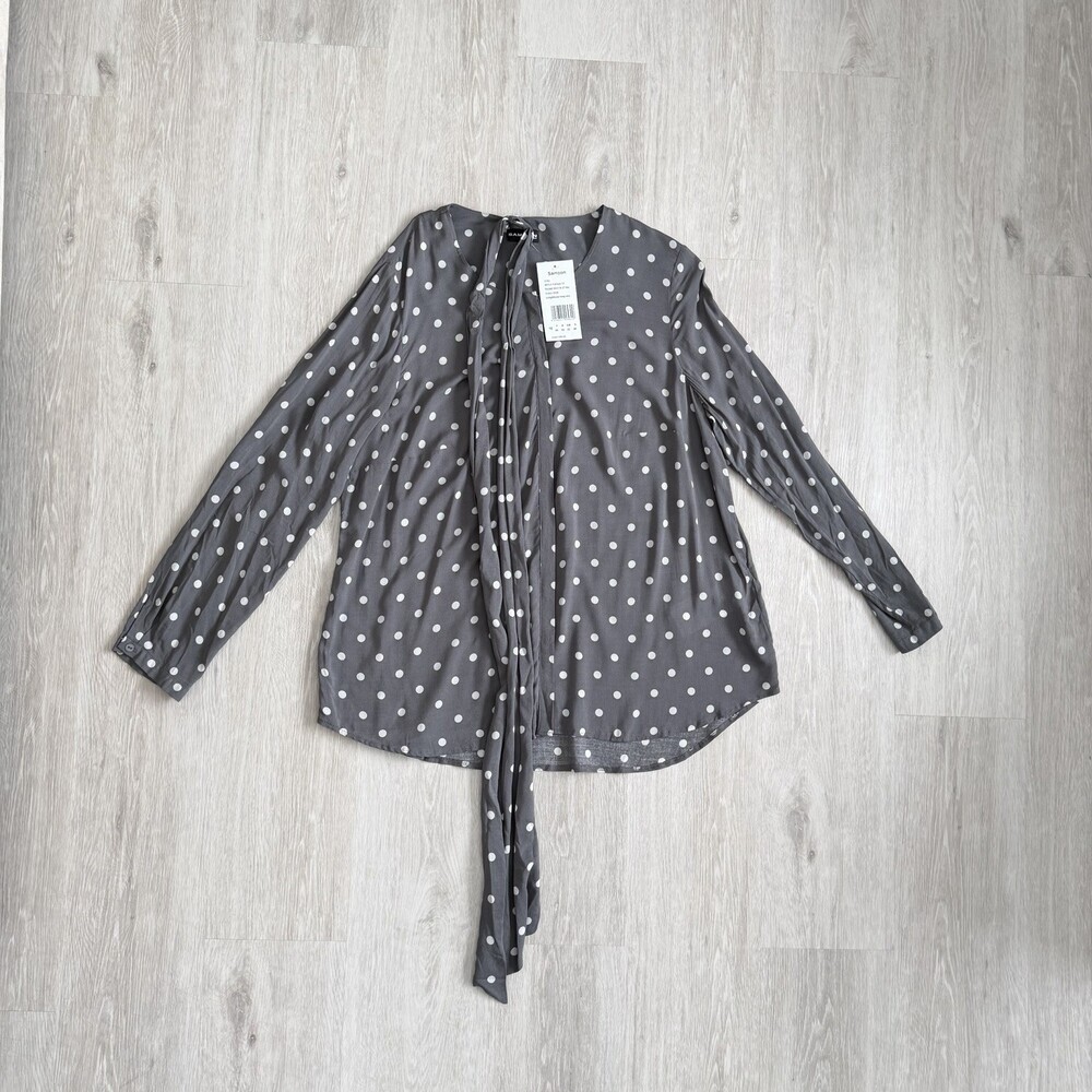 Polka Dot Tie-Neck Blouse - Gray